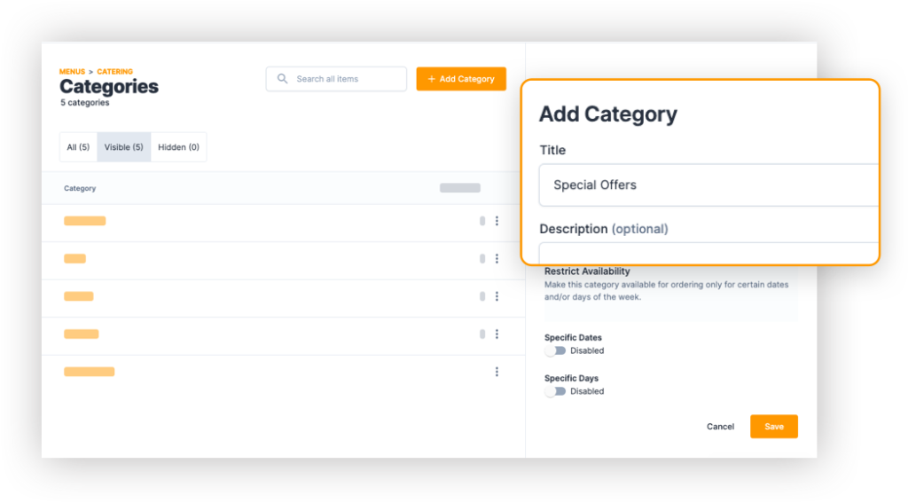 HoneyCart catering order automation software - Manage Menu Categories