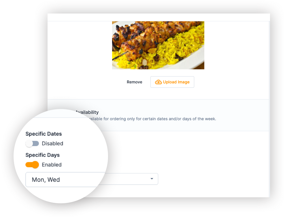 Set special dates or days of the week that your menu item is available for ordering - HoneyCart catering order automation software.